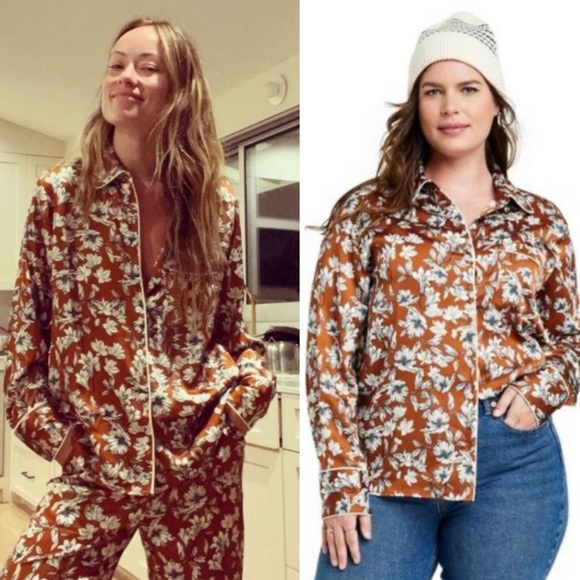 2X 🔖 LA LIGNNE x Target SOLD OUT Women's Floral Button Front Blouse Brown Silky - Picture 1 of 17